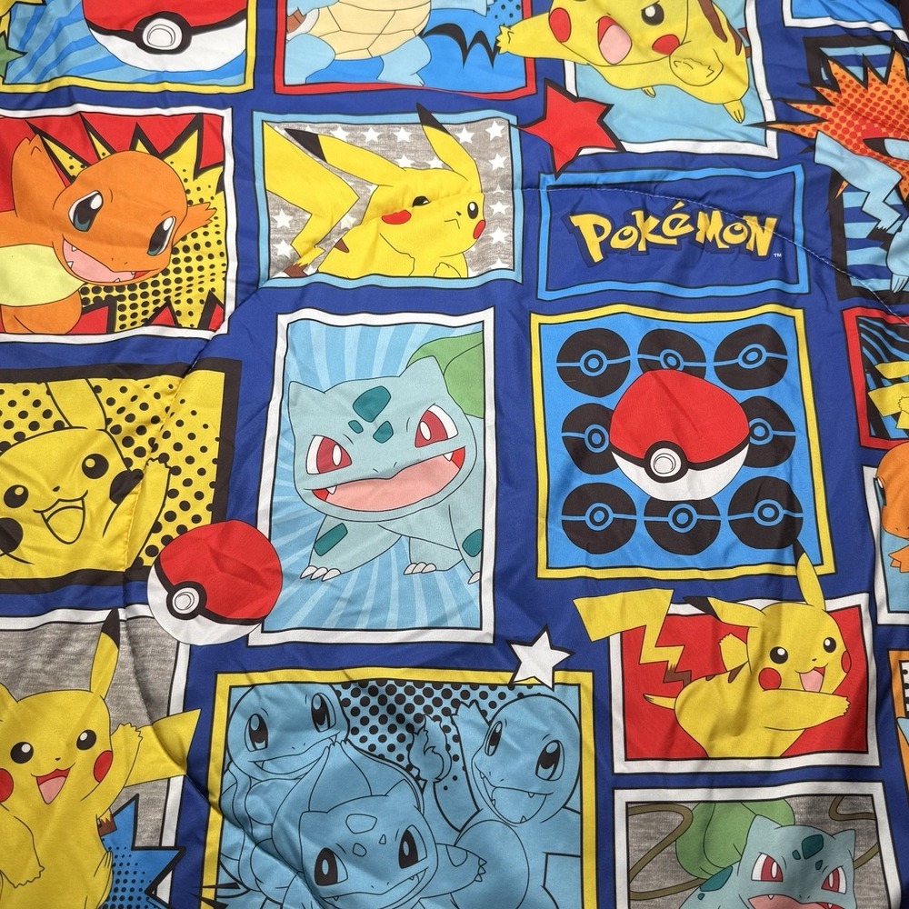Pokemon Comforter Full Size Bed - Blue Pikachu Squirtle Bulbasaur Charmander